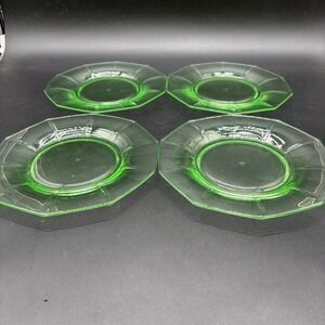 1930s Cambridge Glass Co. Decagon Uranium Depression Glass Plates, 8" Set Of 4